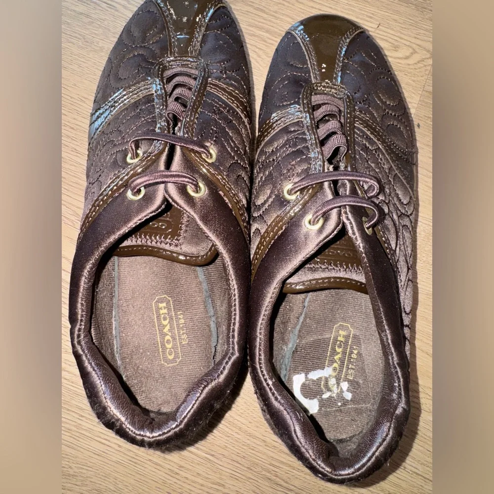 Coach Kellee Brown Quilted Satin And Patent Leather Trim Sneakers Women’s Sz 6.5